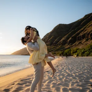 Couple posing for engagement photos in Oahu