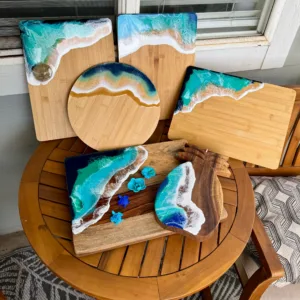 Handcrafted epoxy resin cheese board with island design