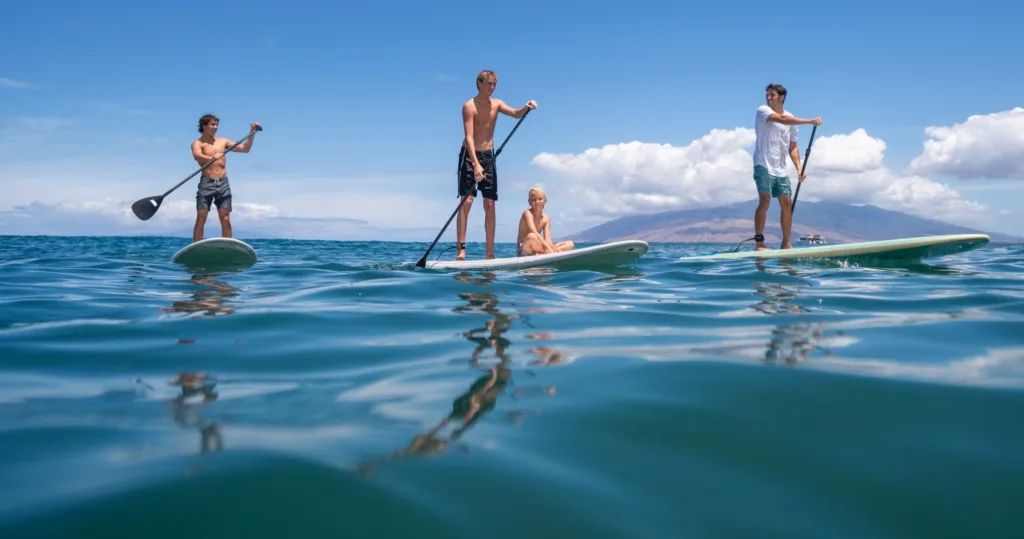 Group stand up paddle tour in Wailea with whale watching