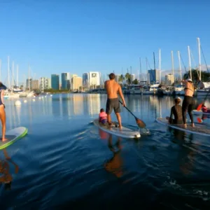 Group enjoying a private stand up paddleboarding lesson together