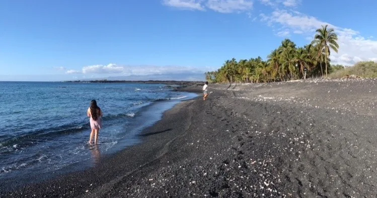 Scenic hike leading to black sand beach with ocean views