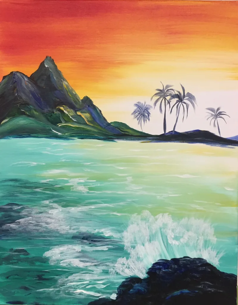 Young adults painting at island art party class in Paia