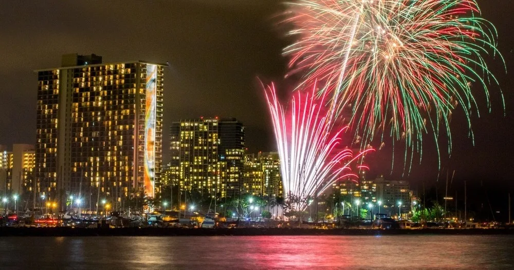 Fireworks illuminating the sky during a Friday evening cruise
