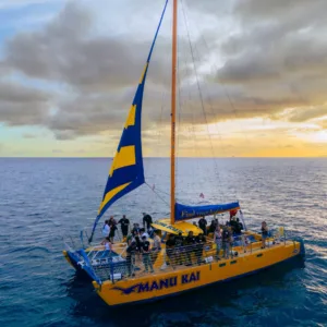 Private sailboat cruising at sunset near Honolulu harbor