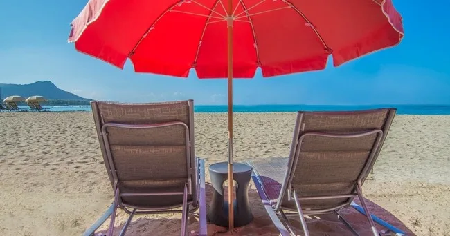 Pink beach umbrella sets arranged on sandy shore