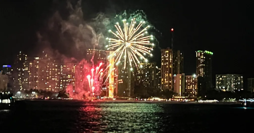 Evening cruise enjoying Waikiki’s famous Friday night fireworks