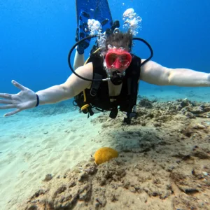 Beginner diver preparing for first underwater adventure
