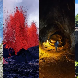 Tour group visiting Hawaii volcanoes and waterfalls