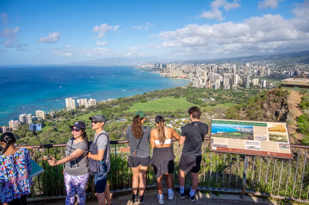 Shuttle bus transporting hikers to Diamond Head trailhead