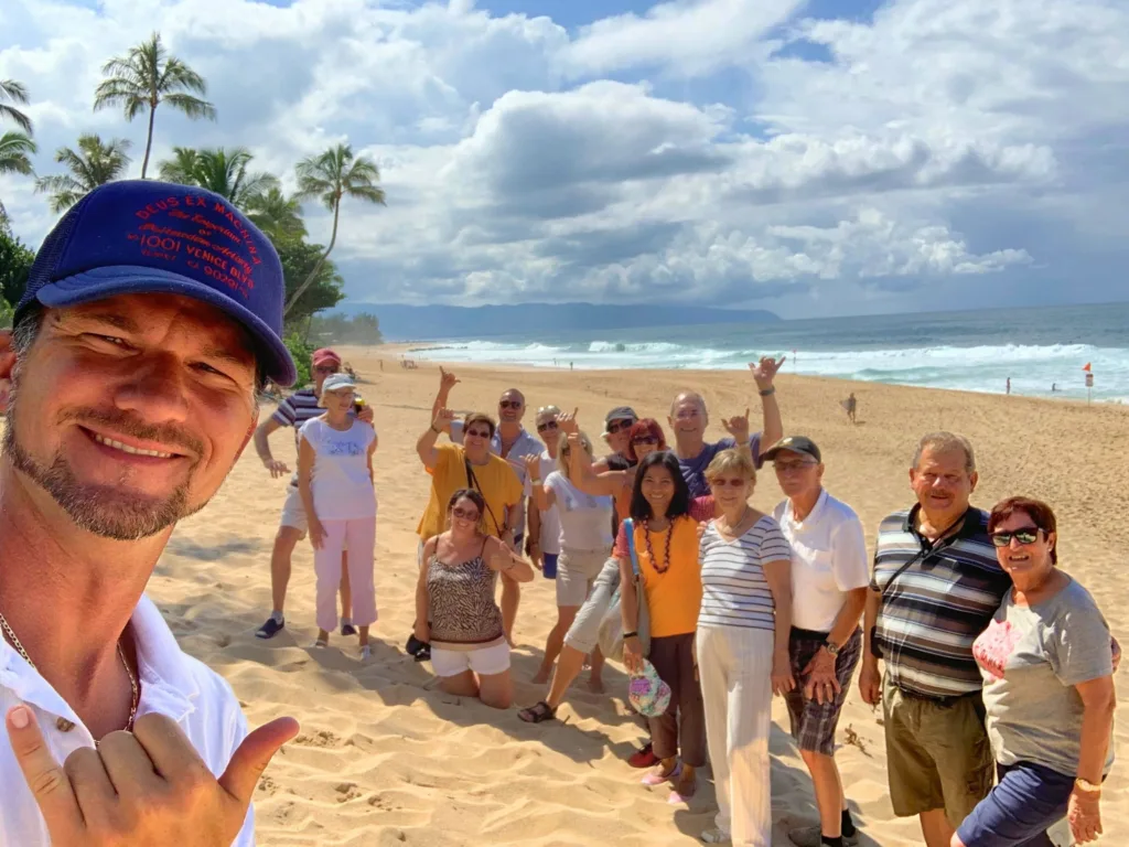 Tour guide leading visitors through vibrant island streets