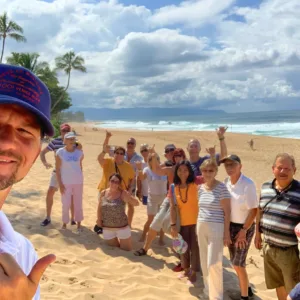 Tour guide leading visitors through vibrant island streets