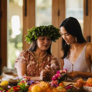 Hands crafting colorful lei po‘o headpiece workshop