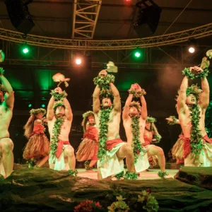 Luau guests arriving via round-trip transportation service