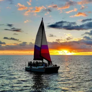 Sunset sailing on a tiki bar catamaran with guests relaxing
