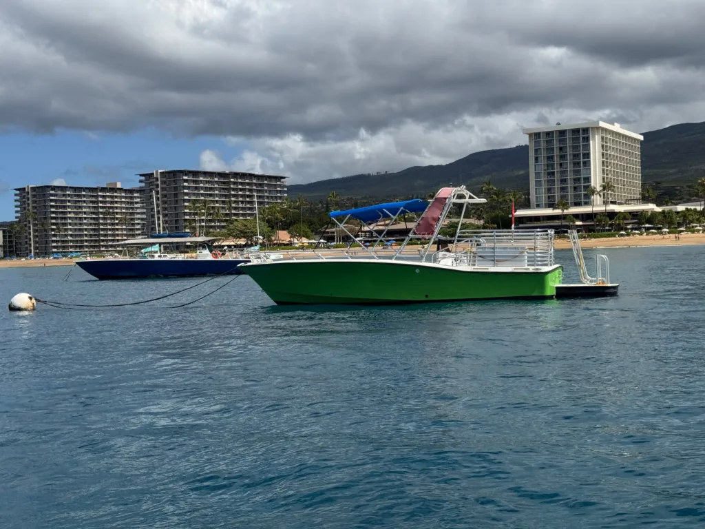 Luxury private charter boat cruising near the island