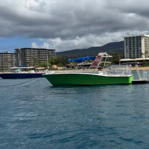Luxury private charter boat cruising near the island