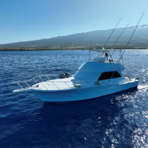 Private fishing boat cruising Kona coastline at sunrise