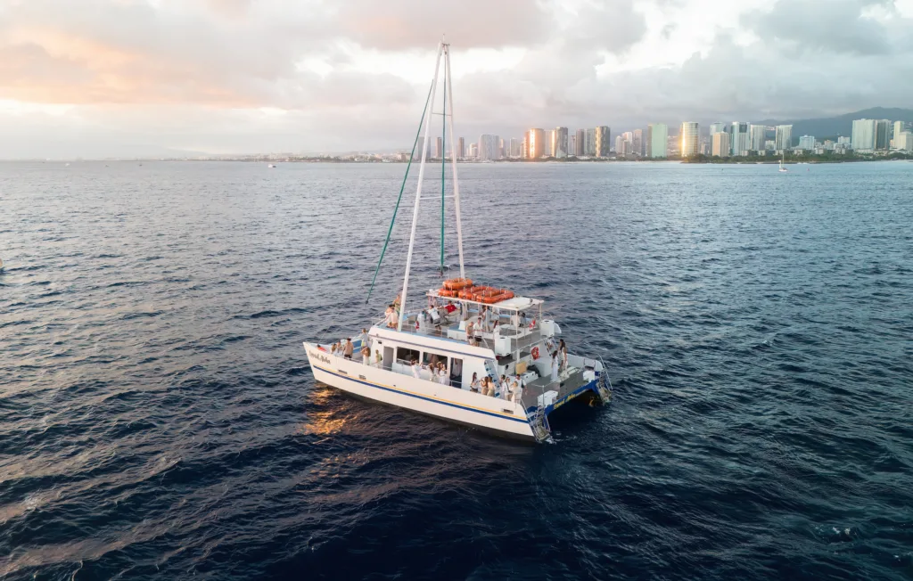 Sunset view from boat cruising along Waikiki shore