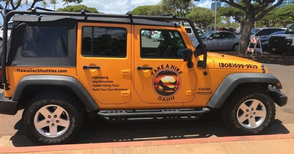 Hikers walking through Waimea Valley towards waterfalls