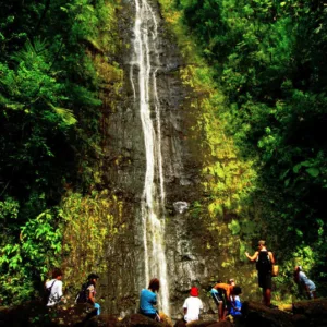 Hikers trekking towards a waterfall near East Side Beach