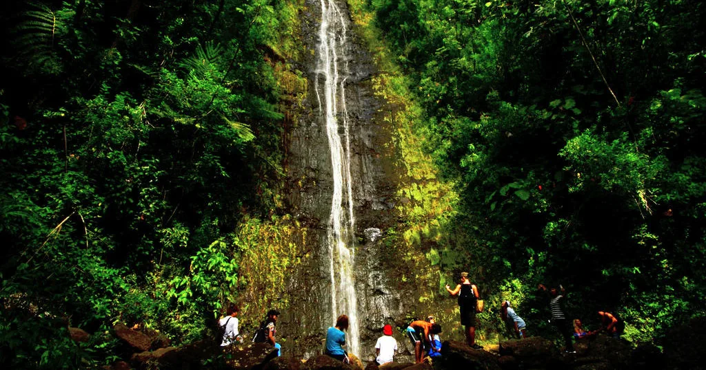 Hikers trekking towards a waterfall near East Side Beach