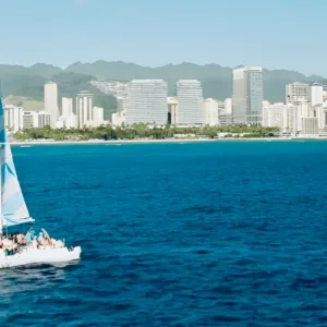 Group enjoying Aloha Hour drinks on Waikiki beachfront patio