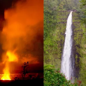 Waterfalls cascading on Big Island with volcanic backdrop