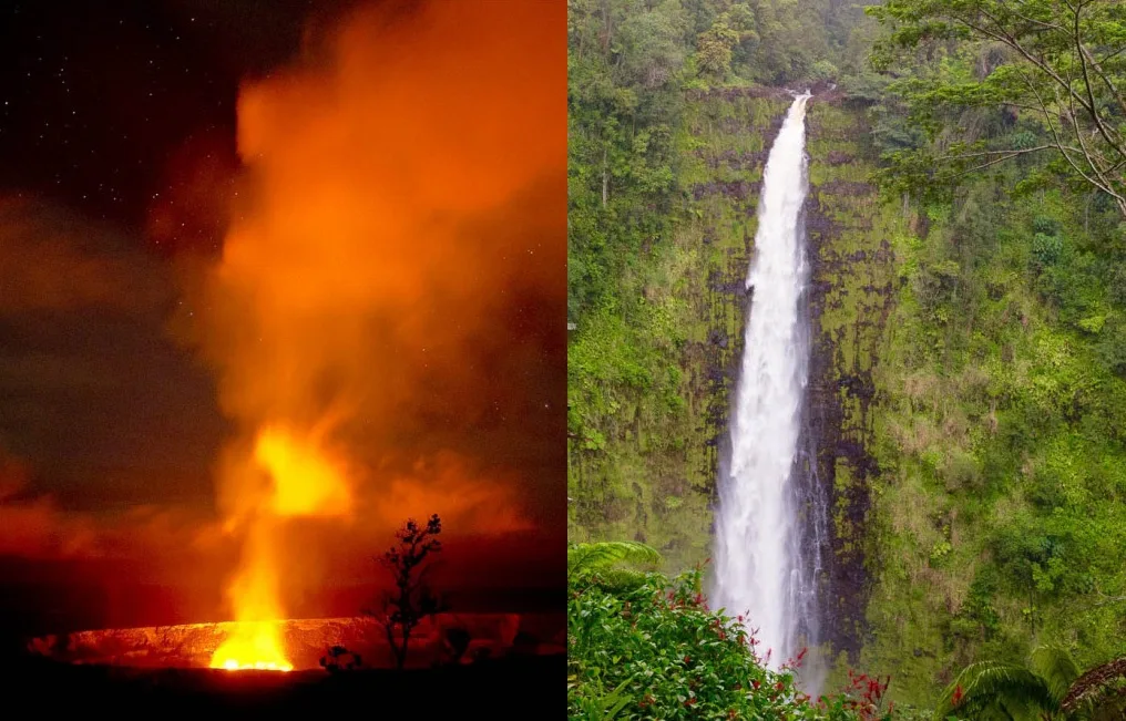 Waterfalls cascading on Big Island with volcanic backdrop
