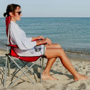 HighBoy beach chairs set up on sandy island shore