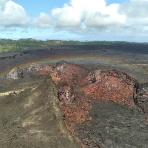Lava flow glowing red at Fissure 8 in Volcanoes National Park