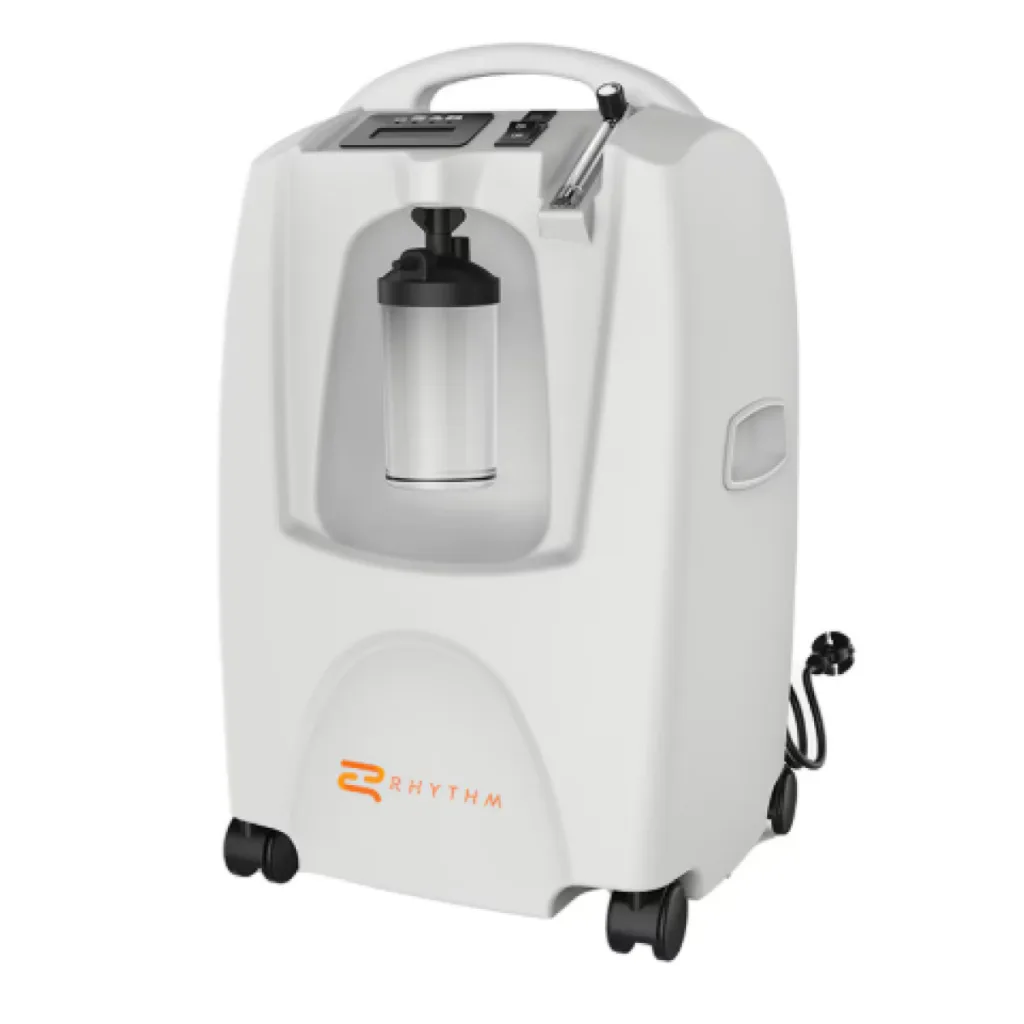 Portable oxygen concentrator device on a table