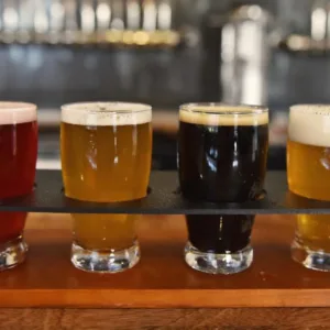 Group enjoying brewery tour with local beer tasting