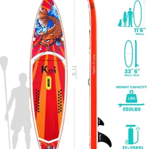 Inflatable paddle board featuring koi fish design