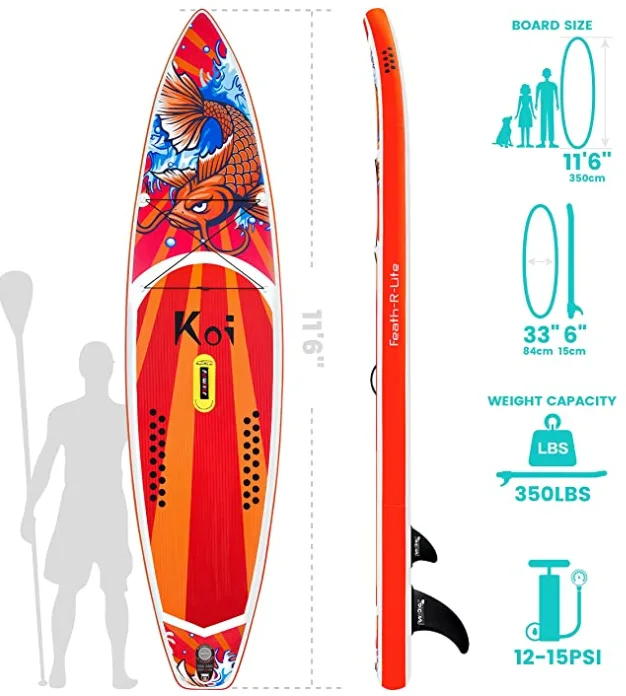 Inflatable paddle board featuring koi fish design