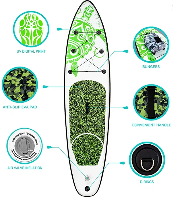 Inflatable paddle board featuring turtle design and colors