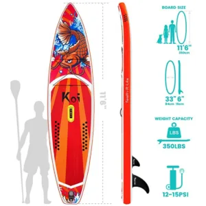 Bright inflatable paddle board floating on clear blue water