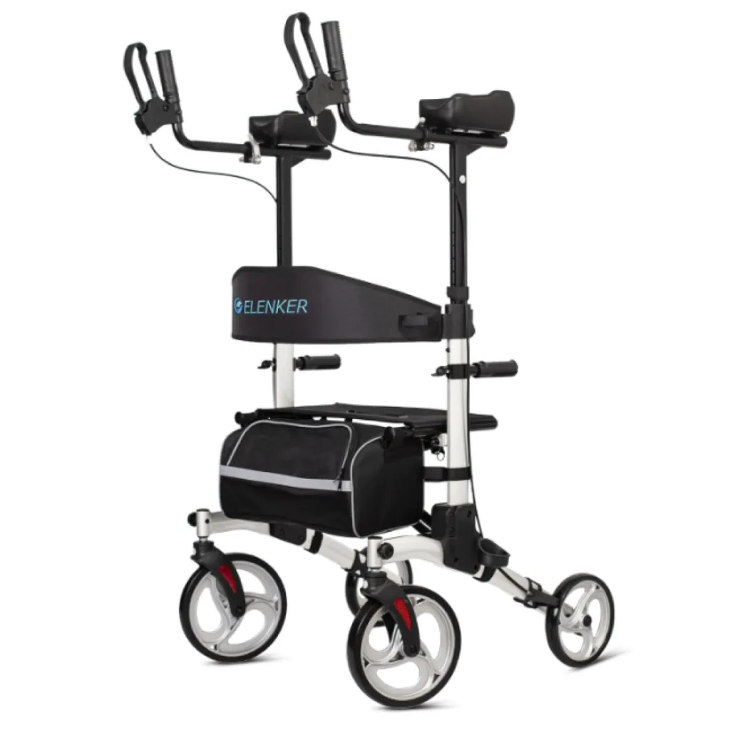Specialty rollator walker shown in upright stance