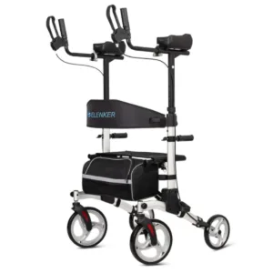 Specialty rollator walker shown in upright stance