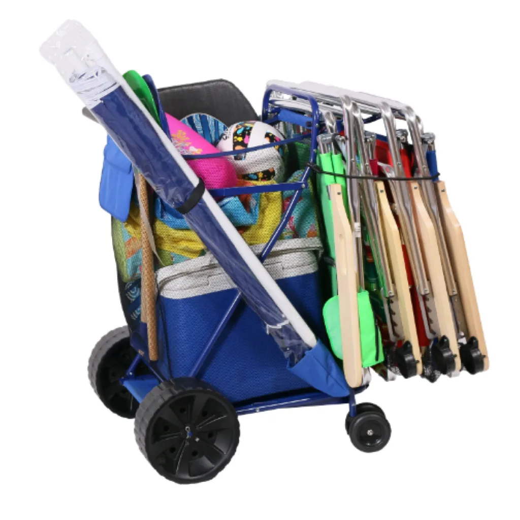Beach cart loaded with two tall chairs and umbrella