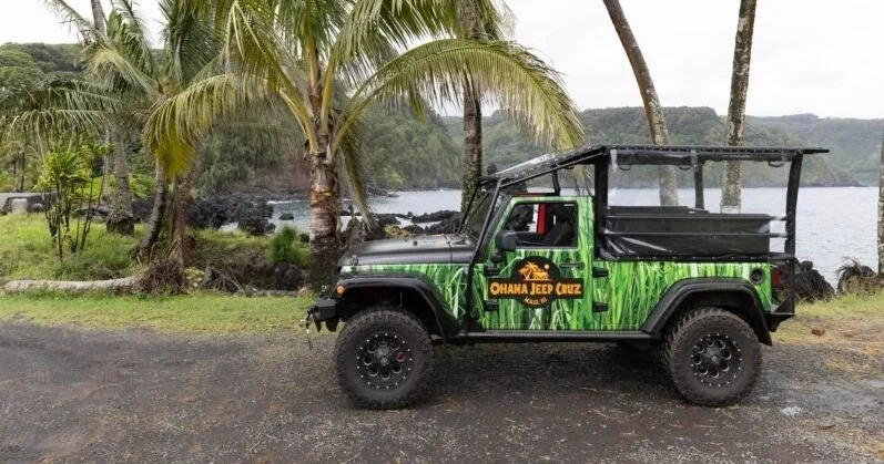 Jeep tour along scenic Road to Hana with island views