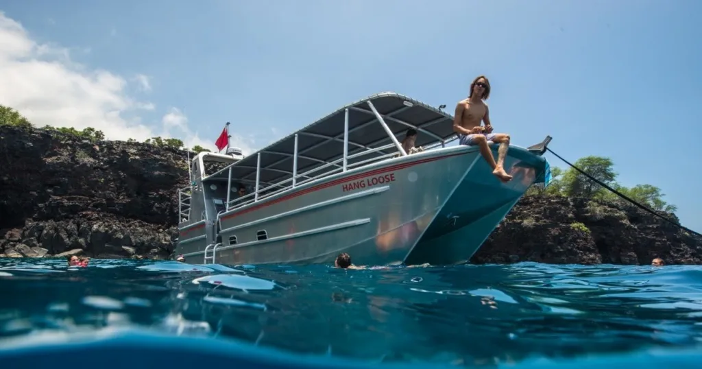 Private boat charter preparing for guided snorkeling tour in Kona