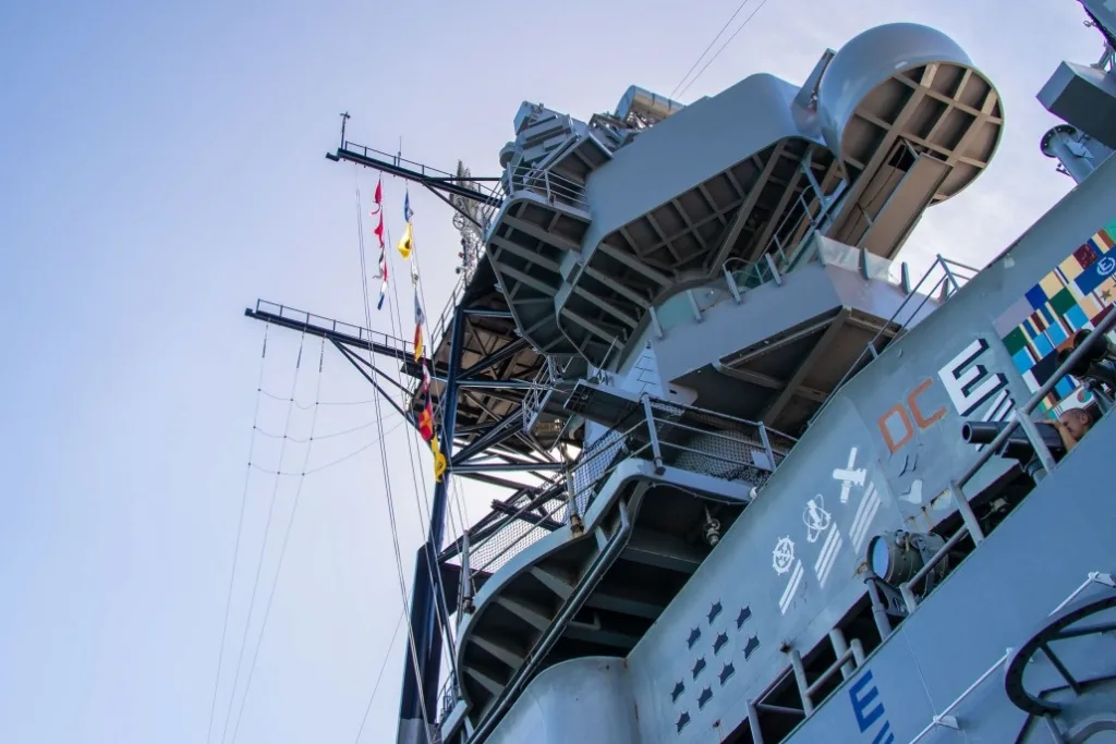 Battleship Missouri docked at Pearl Harbor with visitors