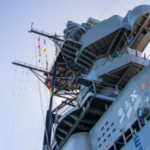 Battleship Missouri docked at Pearl Harbor with visitors