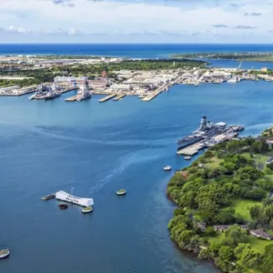 Helicopter preparing for takeoff over Pearl Harbor