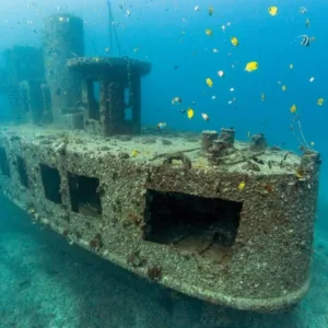 Divers exploring San Pedro shipwreck beneath clear ocean water