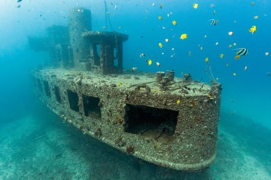 Divers exploring San Pedro shipwreck beneath clear ocean water