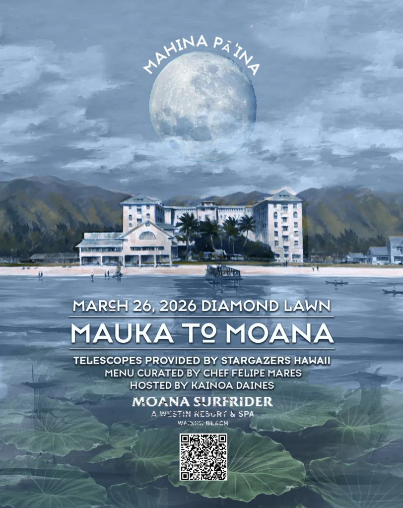 Guests dining together under moonlight at an outdoor event