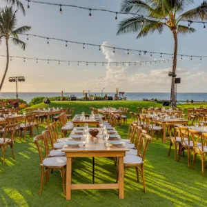 Classic seating setup at traditional Hawaiian luau event