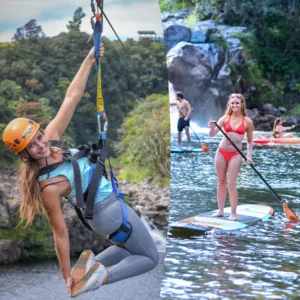Person ziplining over lush green forest canopy