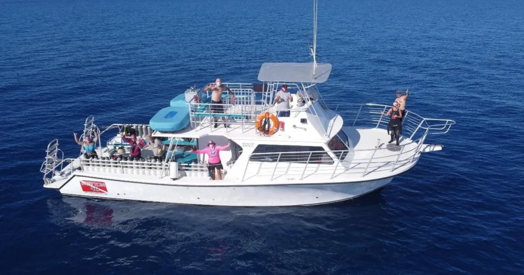 Aerial view of Molokini Crater surrounded by blue ocean